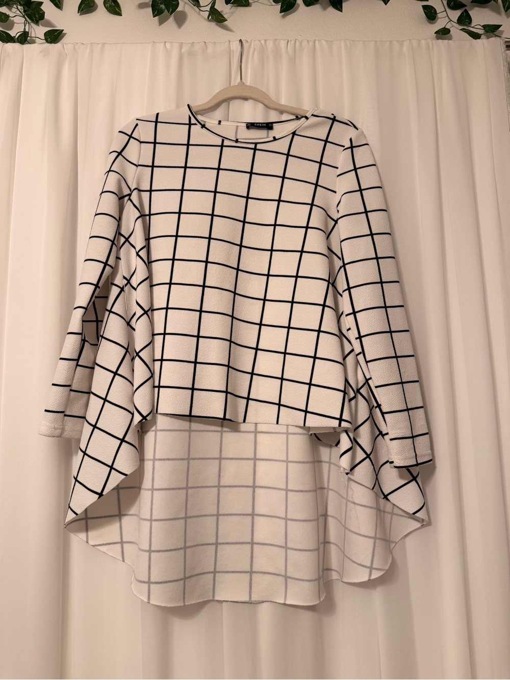 SHEIN White Dress with Black Windowpane High-Low Hem
